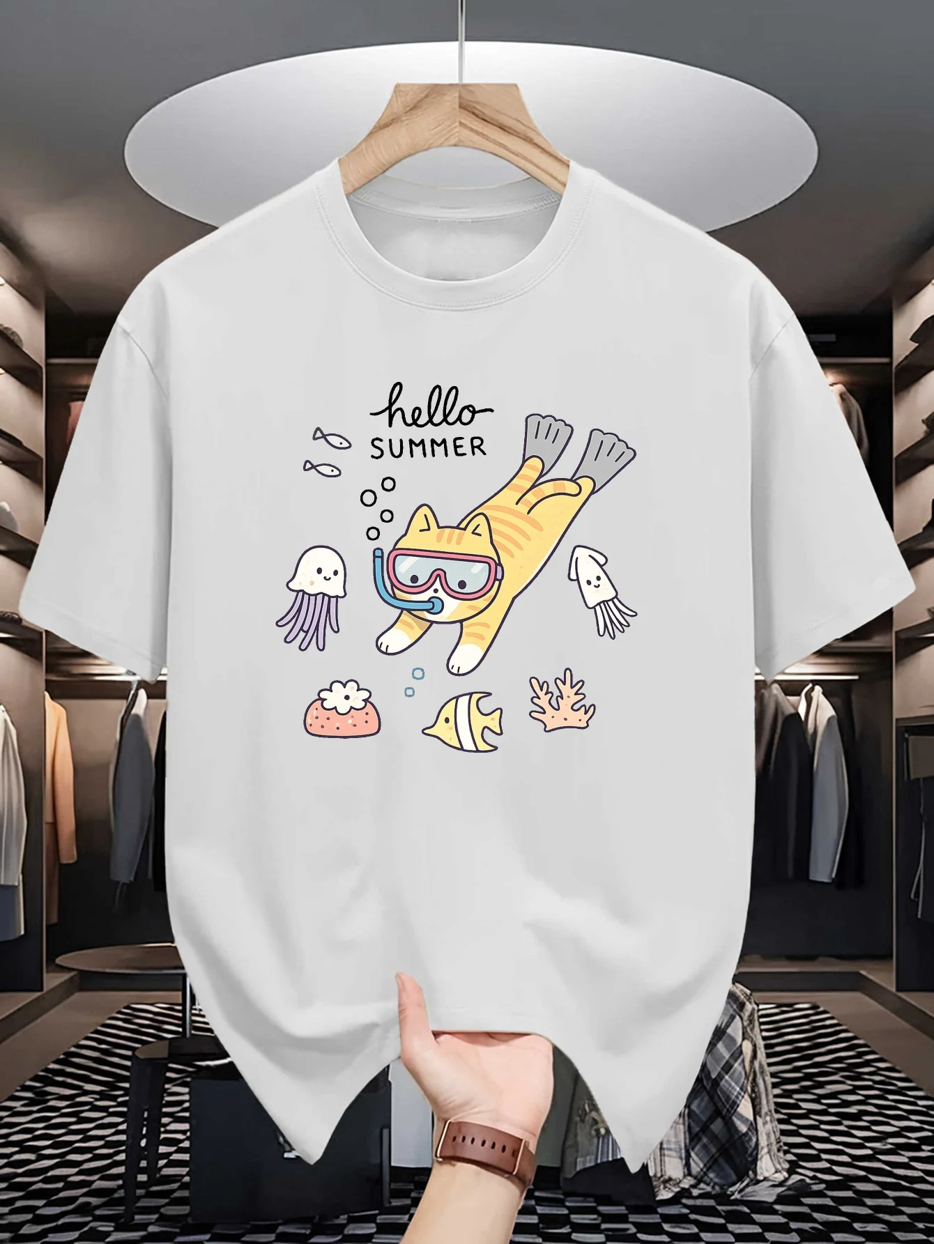 Hello Summer Diving Cat Graphic Men Crew Neck T Shirt Cute Sea Underwater Print Soft Loose Casual Street Tee For Cat Ocean Lover