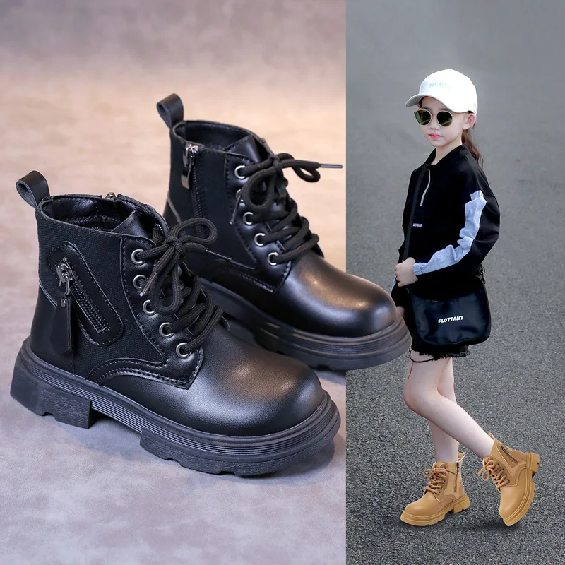 

Kids British Style Leather Boots New 2023 Autumn Winter Non-slip Rubber Outsole Zipper Ankle Boots Baby Boys Girls Fashion Shoes