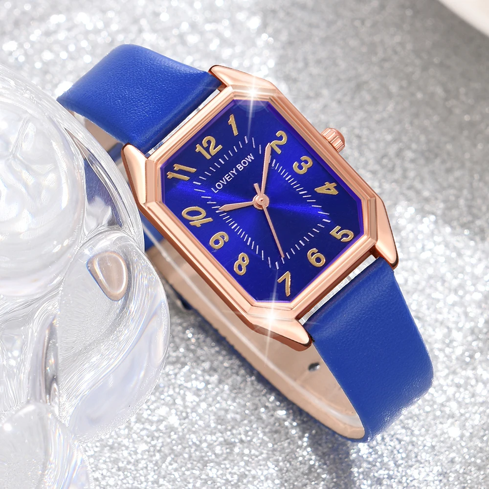 Blue 6PCS/Set Women Watch Rectangular Dial Quartz Wristwatch PU Leather Strap Watch Rectangular Blue Gemstone Set Gift For Mom