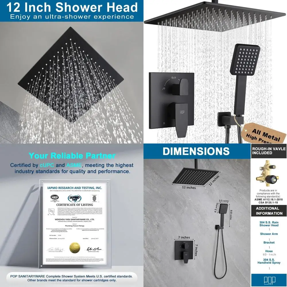 

12 Matte Black Ceiling Shower Set with Rainfall Head, Handle, and Valve Kit