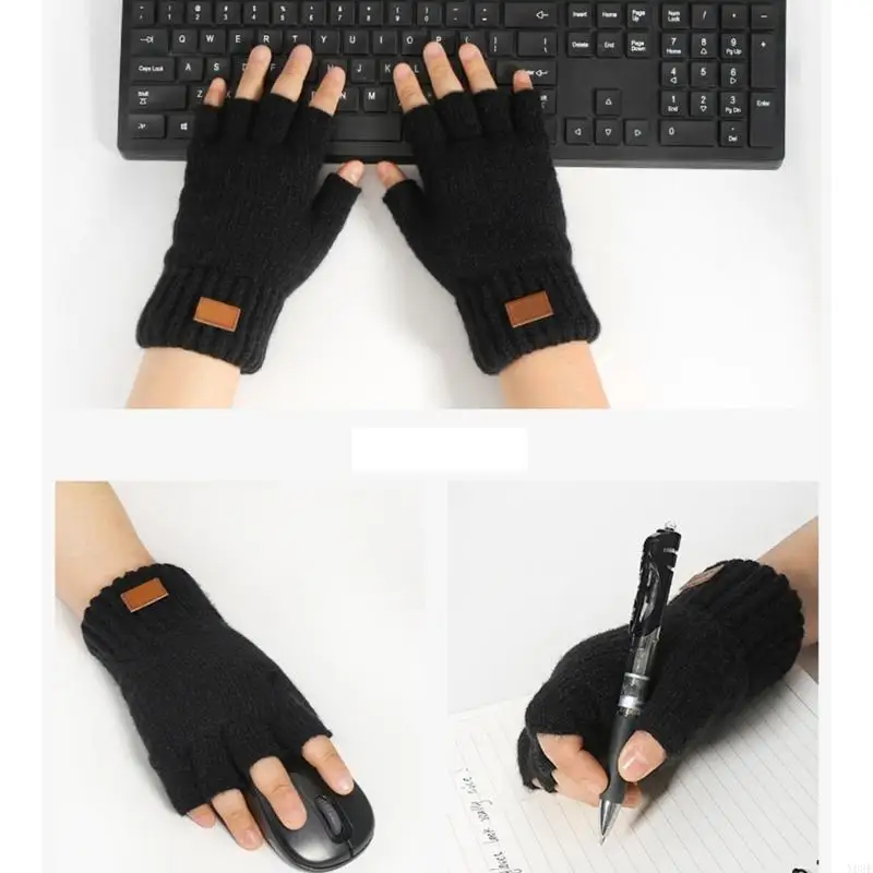 قفازات دافئة سميكة بتصميم نصف إصبع، قفازات مرنة تعمل باللمس للداخل Y08E #1