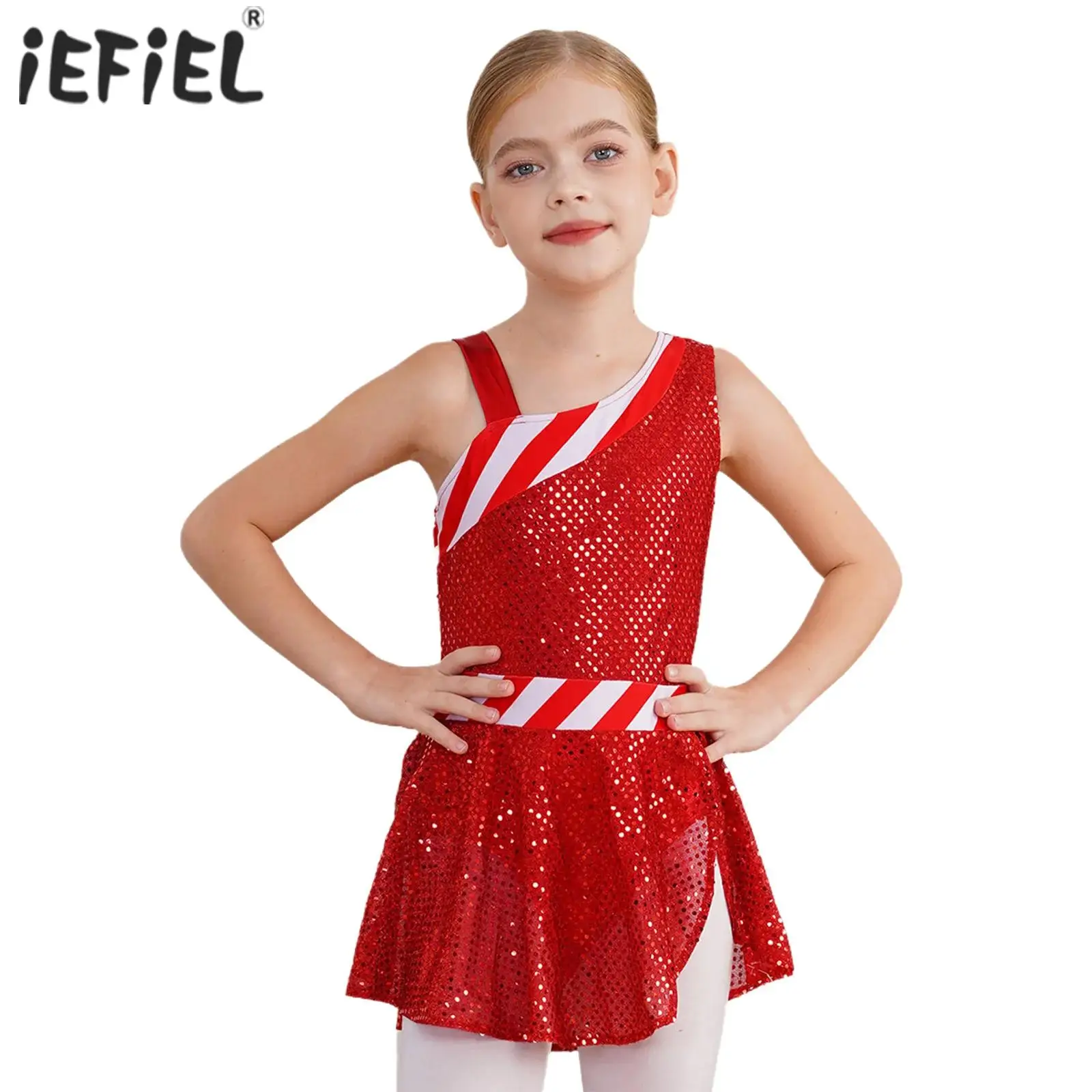 Kids Girls Elf Christmas Costume Santa Festival Party Sleeveless Shiny Sequins Dress Dance Leotard Athletic Gymnastic Bodysuit