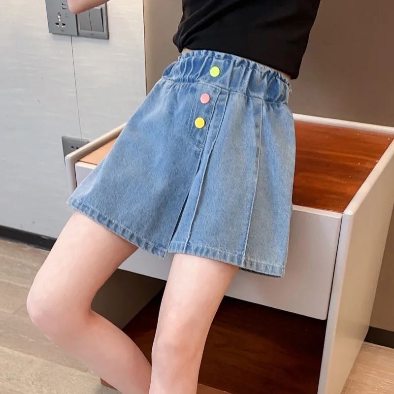 Children's Summer Girl's New Color Button Jeans Skirts Anti-exposure Korean Style High-waisted Slimming Shorts