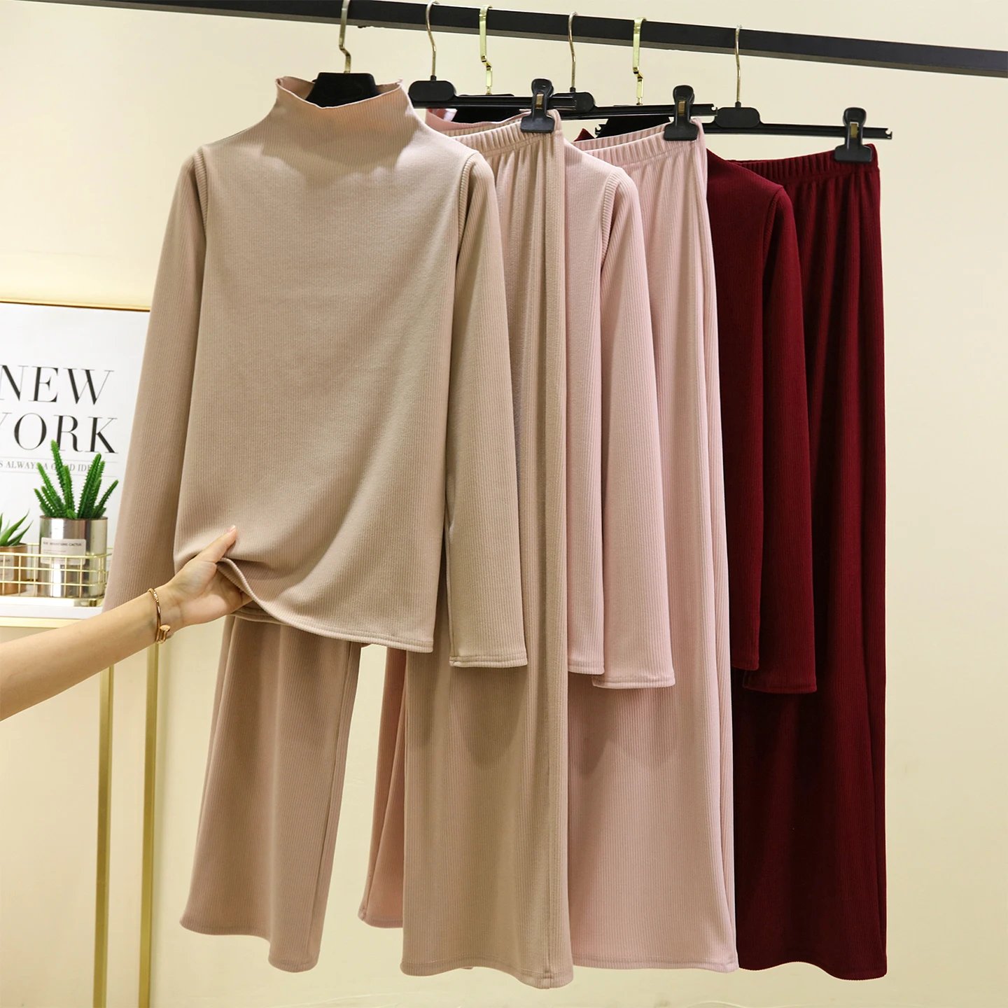 Thickened Fleece High Collar Home Clothes Set Women's Winter Base Layer Shirt Pants Sleepwear Two-Piece Set plus Size