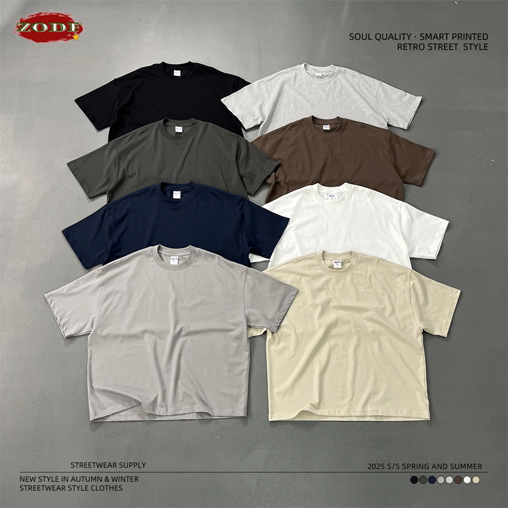 ZODF New Men Summer Boxy 275gsm Cotton T-Shirts Retro Unisex Oversized Short Version Basic T Shirt Brand Tees HY1070 image 6