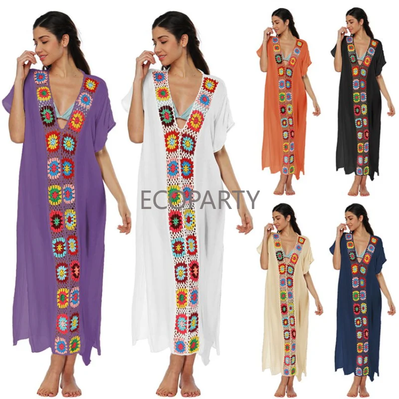 New Arrive Women Maxi Moroccan Kaftan Dress Ethnic Print Boho Floral Crochet V Neck Side Slit Swimsuit Cover Up Dress for Women