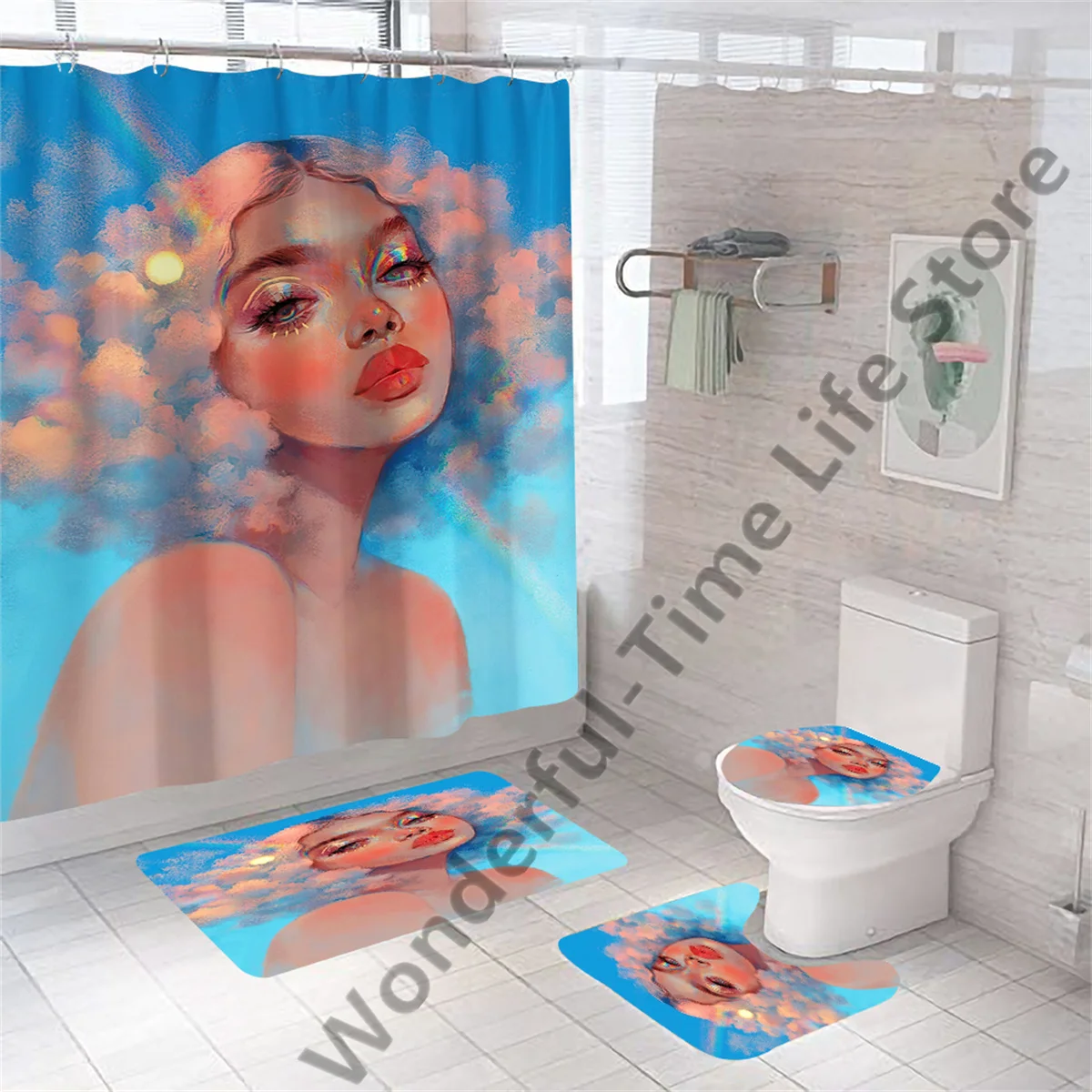 African American Black Women Print Shower Curtain Set Waterproof Bathroom Curtains Soft Anti-slip Bath Rugs Toilet Cover Carpets