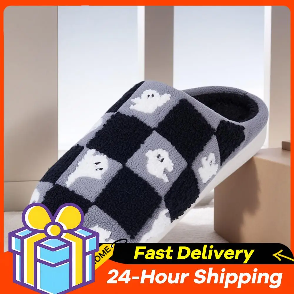 

Плюшевые тапочки Ghost в клетку, пушистые домашние тапочки, удобные, мягкие, с нескользящей подошвой для спальни