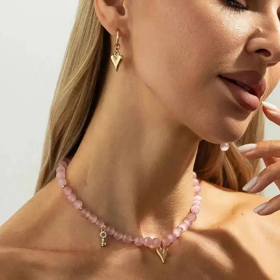 

Salircon 2026 Y2K Exquisite Glass Bead Necklace Earring Set Women Charm Peach Heart Pendant Clavicle Chain Jewelry