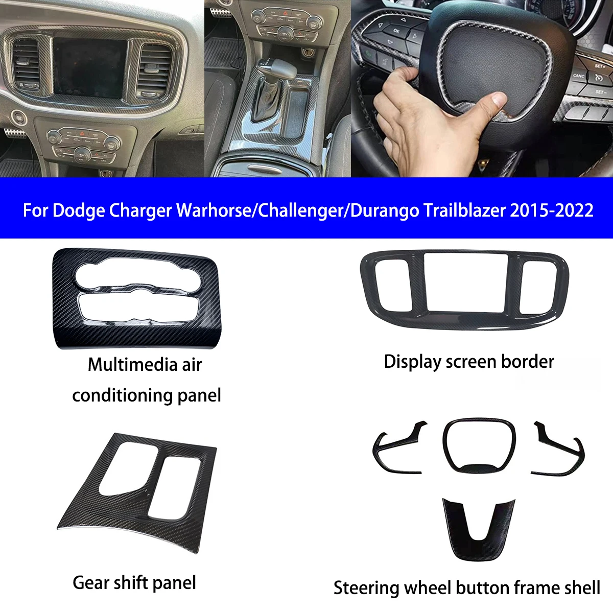 

For 2015-2022 Dodge Charger, Warrior, Challenger, Pioneer, Carbon Fiber Multimedia Air Conditioning/Gear/Steering Wheel Panel