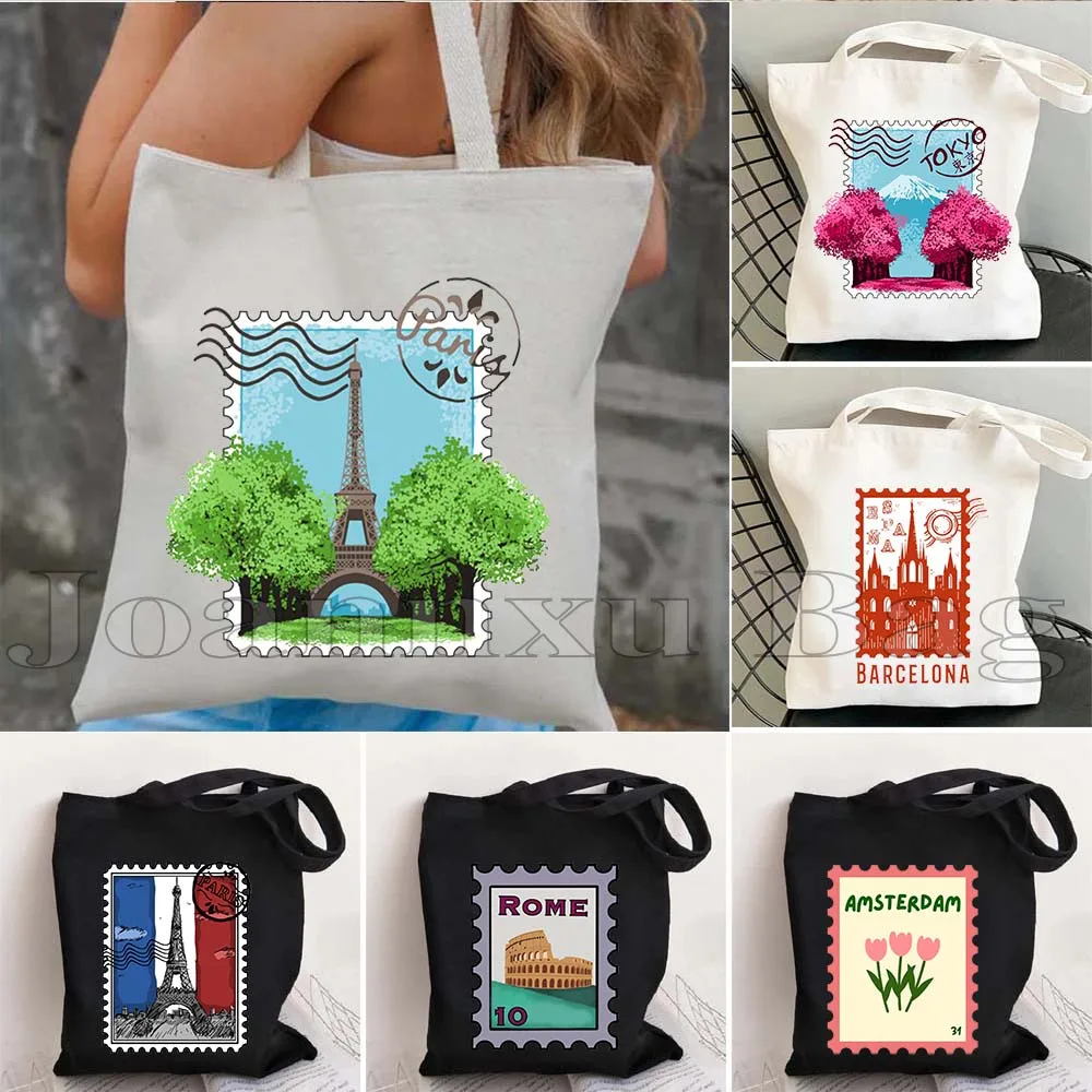 Vintage Paris Tokyo Rome Greece Amsterdam Statue of Liberty Barcelona Stamp Cute Gifts Canvas Shoulder Tote Bag Harajuku Handbag