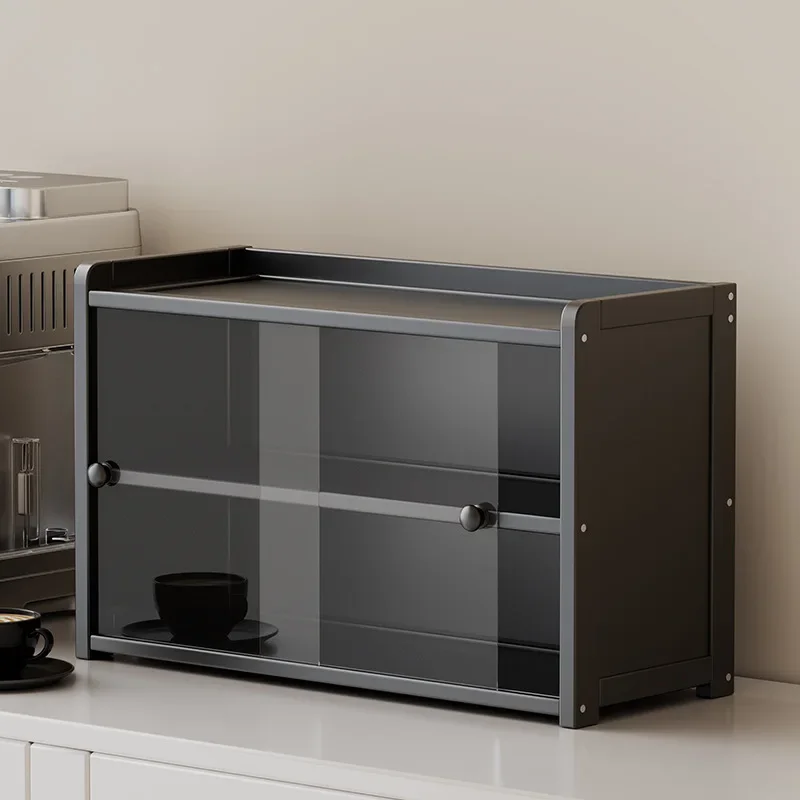 Desktop Cup Holder Storage Rack with Sliding Door Dust-proof Locker Dining Table Countertop Coffee Mug Display Rack
