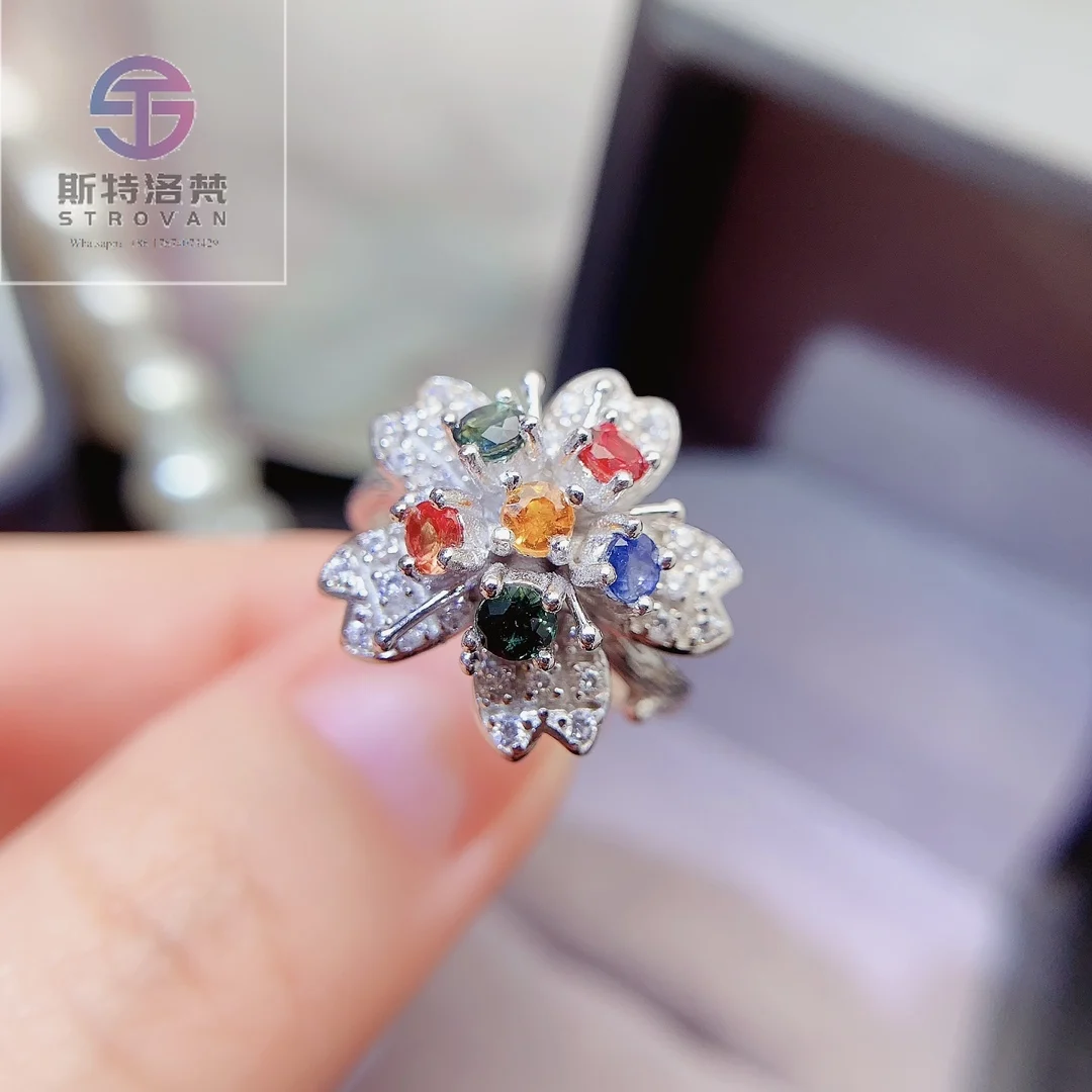 Hot Sale 925 Sterling Silver Gold-Plated Ring Natural Fancy Colored Sapphire Women's Anniversary Gift