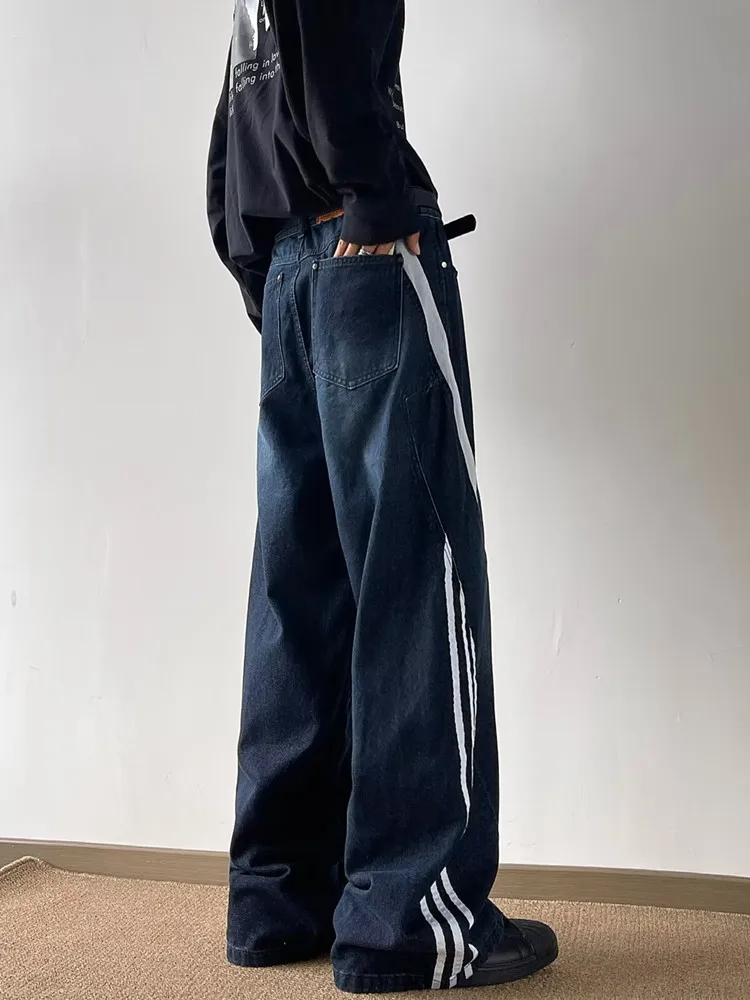 2024 Ropa Y2K Fashion Striped Patchwork Dark Blue Baggy Jeans Pants For Men Clothes Straight Hip Hop Cowboy Trousers Pantalones