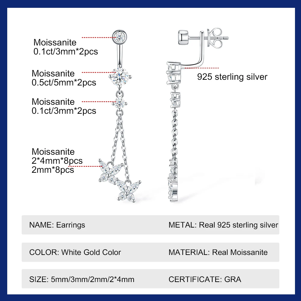 All Moissanite Drop Dangle Earrings for Women S925 Silver Detachable Tassel Long Earrings Earcuff Stud Earrings Party Jewelry