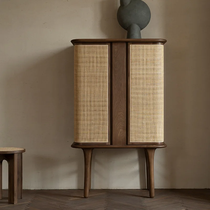 Retro rattan small vertical cabinet for storage, household dining side cabinet, solid wood, bed and breakfast wine cabinet