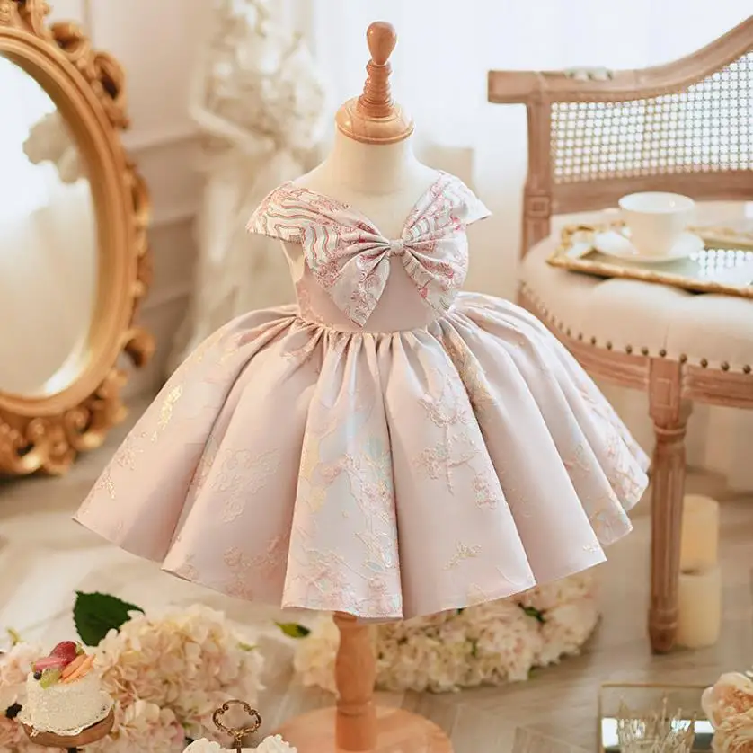 

2023 New Children Boutique Lolita Princess Gown Bow Sleeveless Design Wedding Birthday Baptism Eid Party Girls Dresses A3188