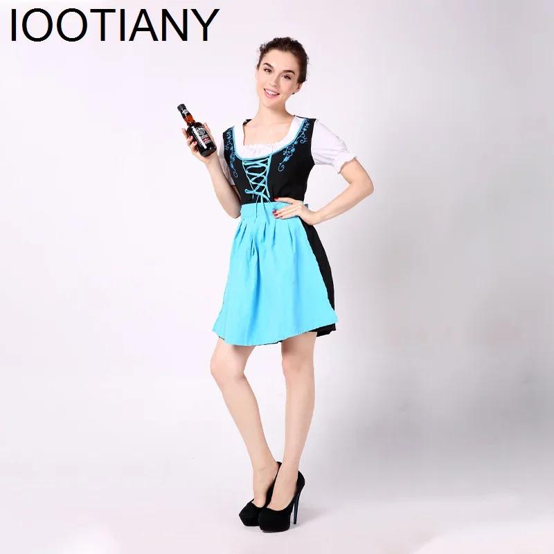 Cosplay carnaval Bar cerveza sirvienta camarera Cosplay disfraz mujer Oktoberfest bávaro vestido largo azul adulto Oktoberfest delantal