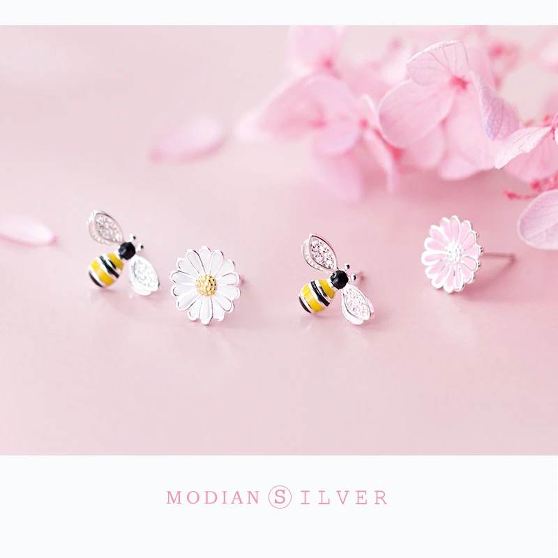 Modian New Arrival 100% 925 Sterling Silver Enamel Cute Bee & Flower Stud Earrings Fashion Insect Accessories For Women Jewelry