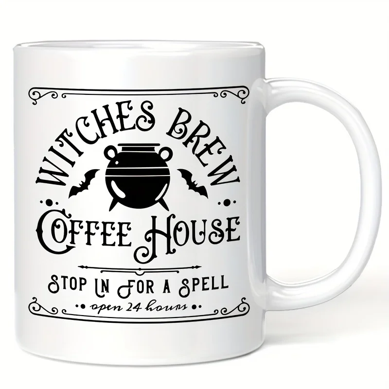 A Ceramic Coffee Mug Designed for Halloween Showcasing A Witches Brew Motif Along with A Witch'S Hat and Broomstick This Fun