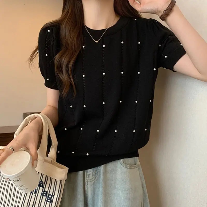 Summer French Solid Elegant Vertical Grain T-shirt Women Clothing Fashion All-match O-neck Knit Top Embroidered Flares Pullovers