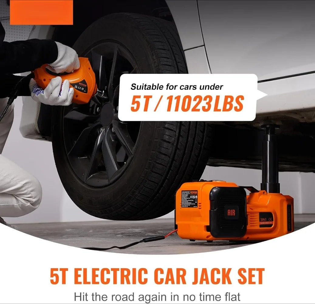 Electric Car Jack, 5 Ton/11023 LBS Hydraulic Jack Lift with Electric Impact Wrench, Built-in Inflatable Pump, and LED Light