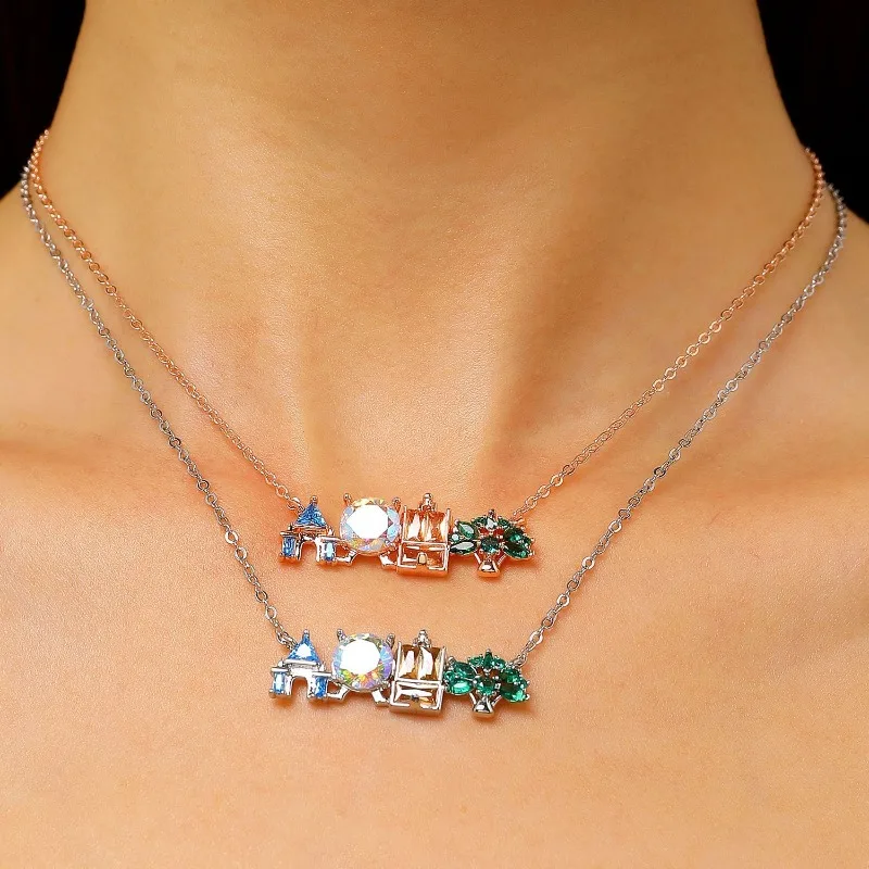 Princess's dream castle necklace, colorful zircon splicing turquoise light luxury amusement park niche collarbone chain
