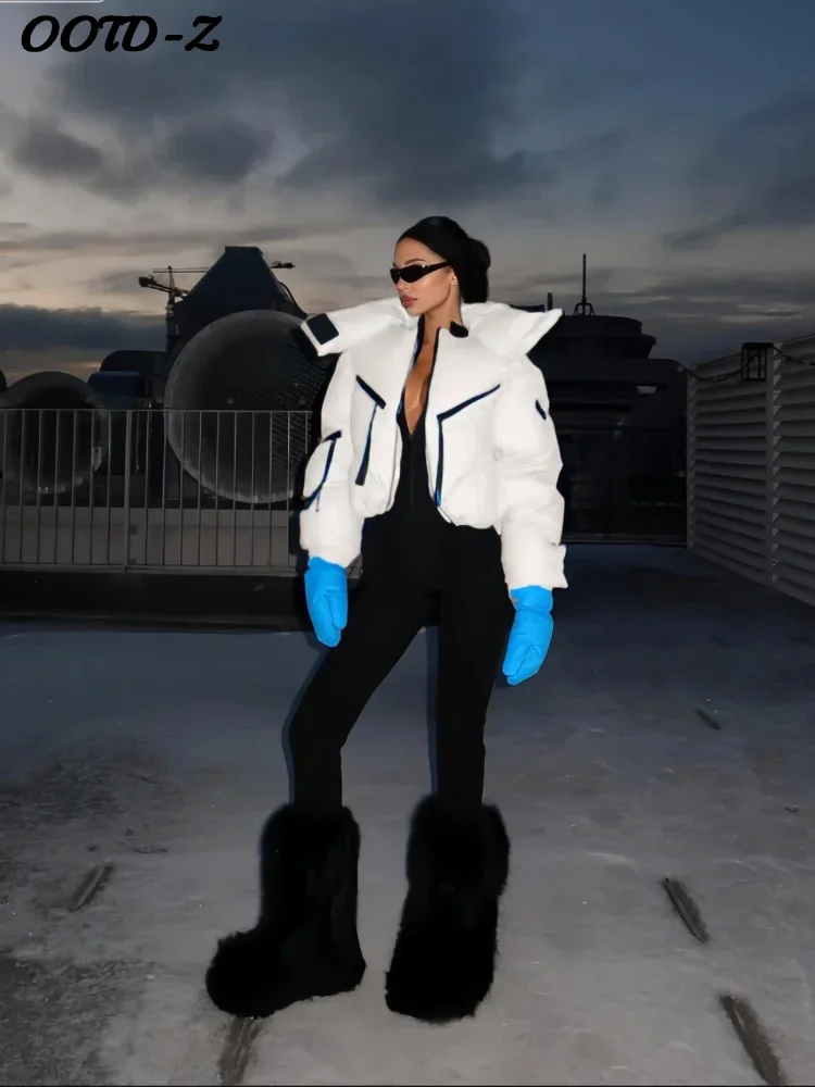 시크한 솔리드 코튼 패딩 크롭 코트 여성 루즈한 배색 따뜻한 긴 소매 지퍼 재킷 2025 패션 가을 겨울 코트 여성용