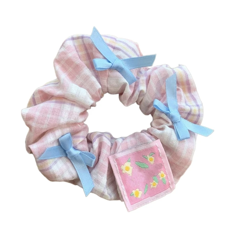 French Elastic Hair Scrunchies for Girl Lattice Pattern Hair Rope with Bowknot Decals Spring Hair Rope for Girl