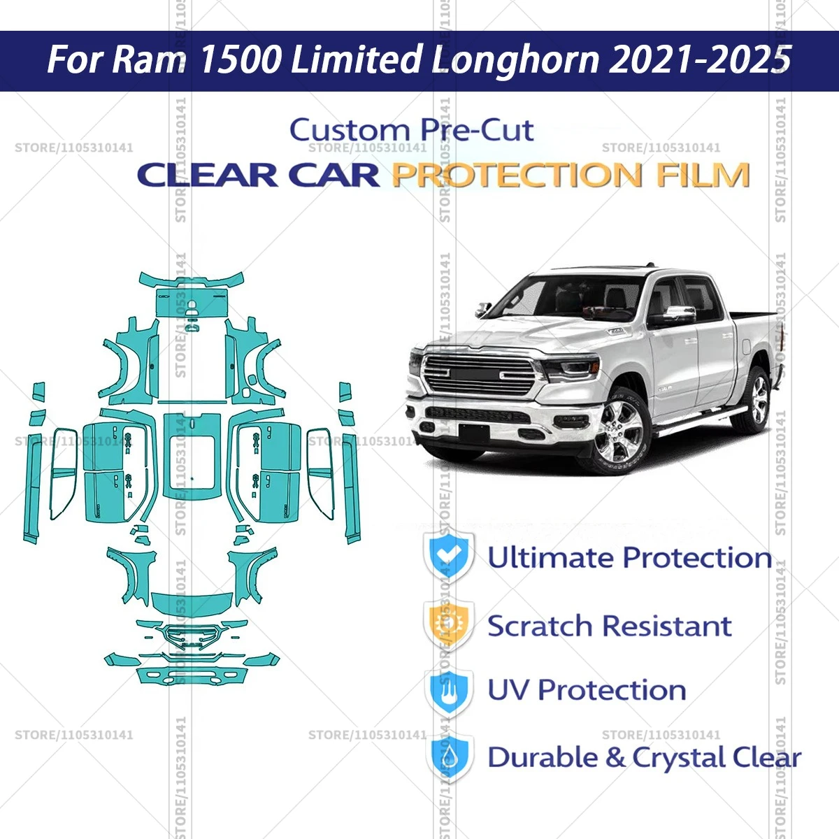 For Ram-1500-Limited-Longhorn-2021-2025 Pre-Cut Paint Protection Film PPF Transparent Car Film Automotive PPF