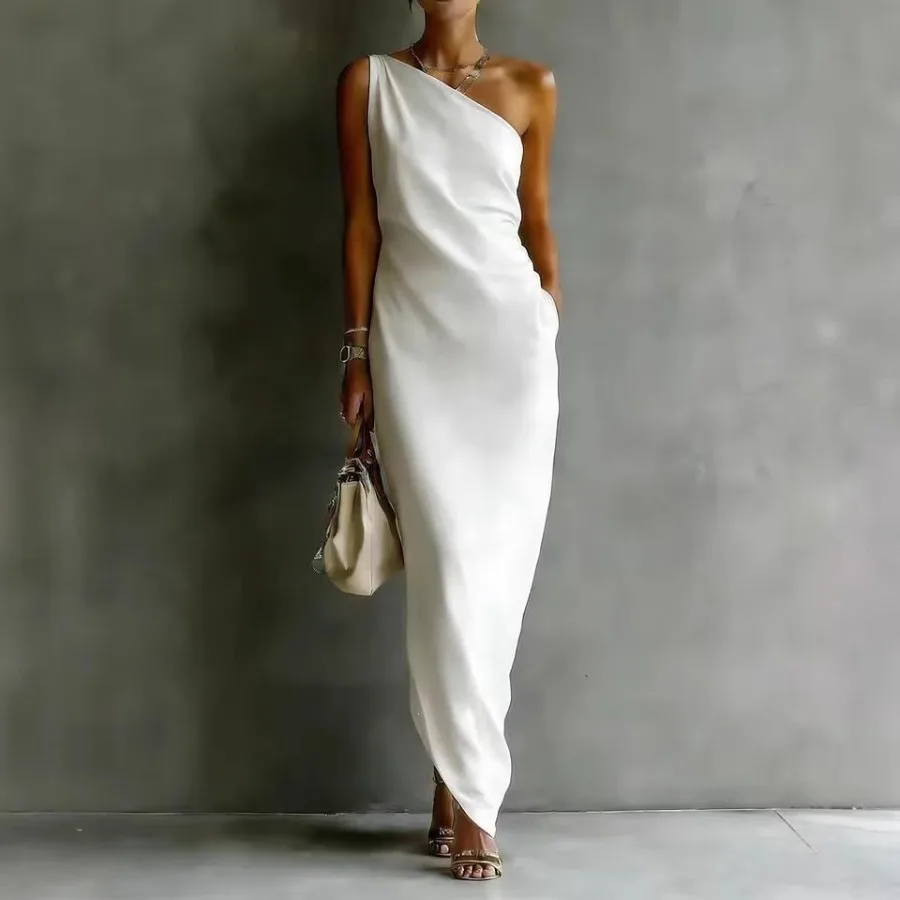 

Новый стиль 2026: европейские и американские брюки-кюлоты в стиле TikTok, однотонные, с асимметричным плечевым вырезом, из атласа, струящиеся, облегающие, длиной до щиколотки.