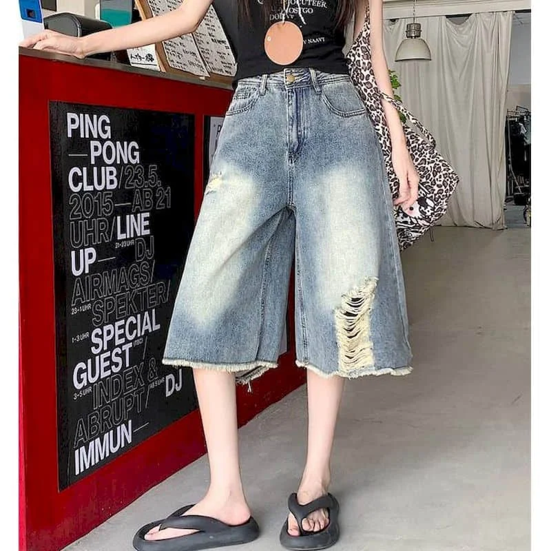 

Denim Wide Leg Pants Loose 2026 Summer Large Size Capri Pants American Ripped Jeans Vintage Sweatpants Women Baggy Y2k Clothes