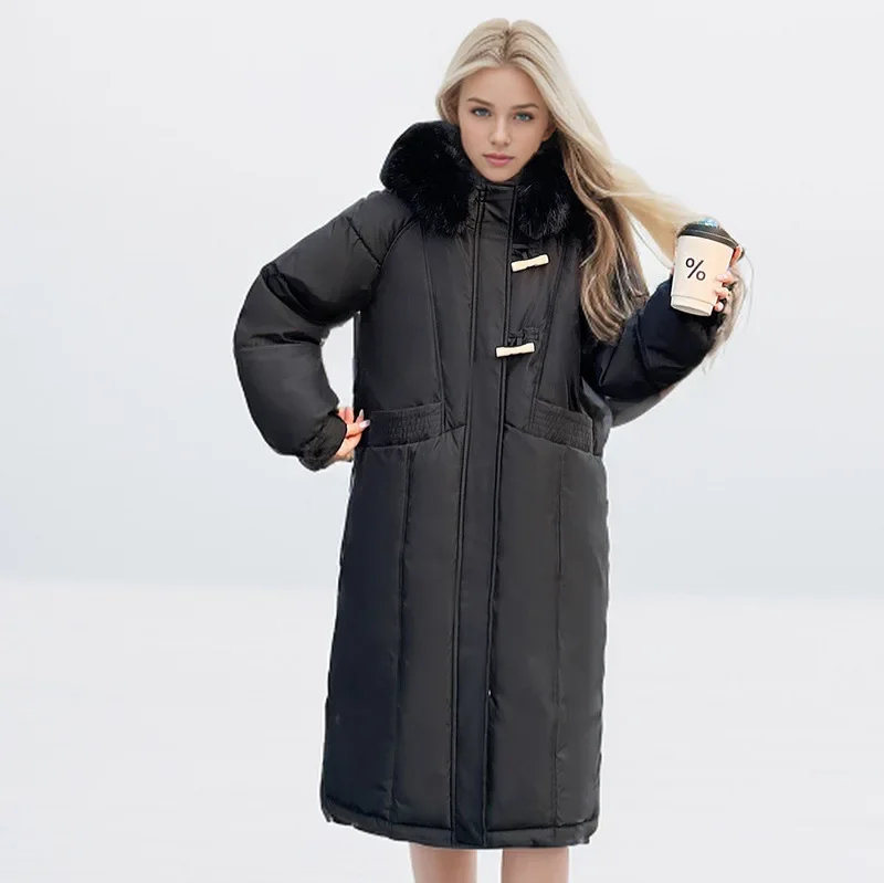 2025 المرأة الجديدة الشتاء سترة قطن طويلة الإناث الفراء طوق رشاقته الدافئة سترات معطف المرأة لون نقي معاطف السترة غير رسمية