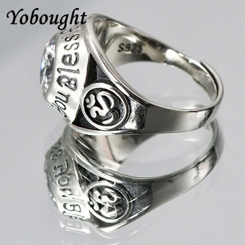 

S925 Silver Seed Text Opening Fashion Retro Hip Hop Personalized White Zircon Ring Men'S Handicraft Accessories