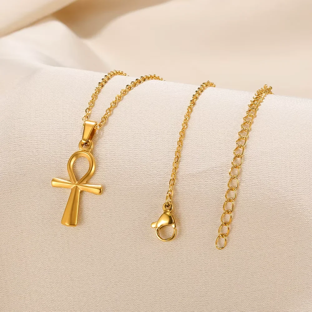 Religion Egyptian Ankh Crucifix Necklaces Gold Color Cross Charm Choker Stainless Steel Symbol of Life Jewelry Gifts Women Men