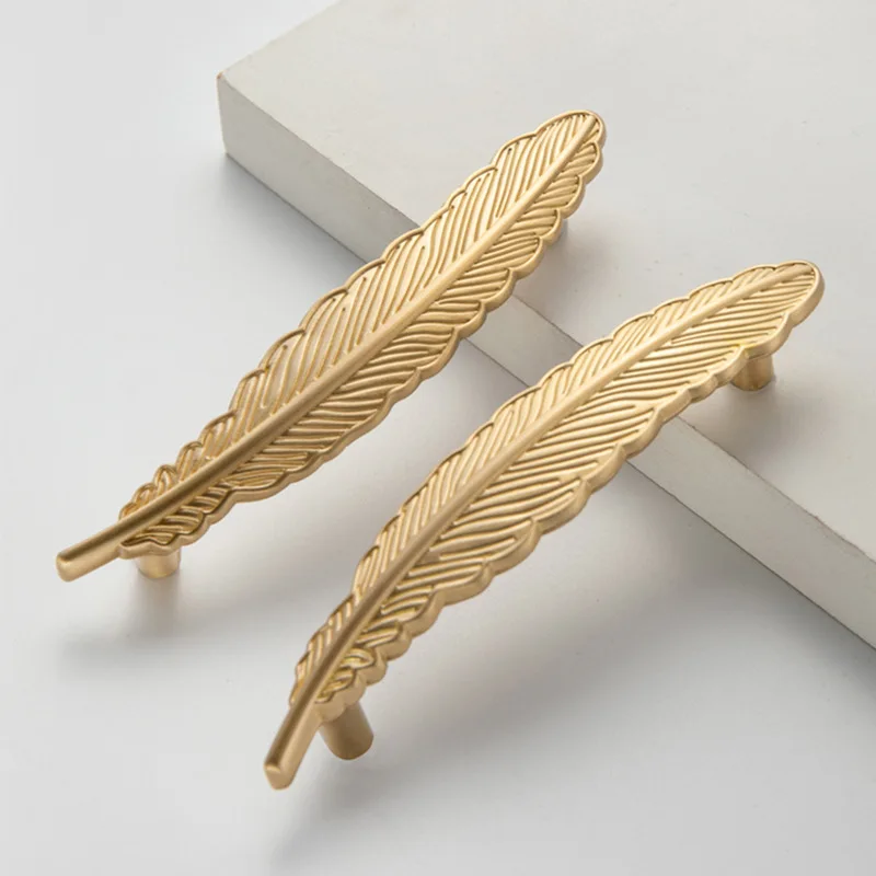 Brass Creative Feather Shape Furniture Handles Gold Cabinet and Drawer Handles Dresser Door Knobs Pulls Furniture Hardware