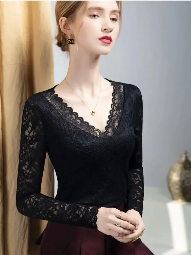 Female Chic Lace V-Neck Slim-Fit Long Sleeve Top，Spring Autumn New Hollow-Out Lace T-shirts For Women