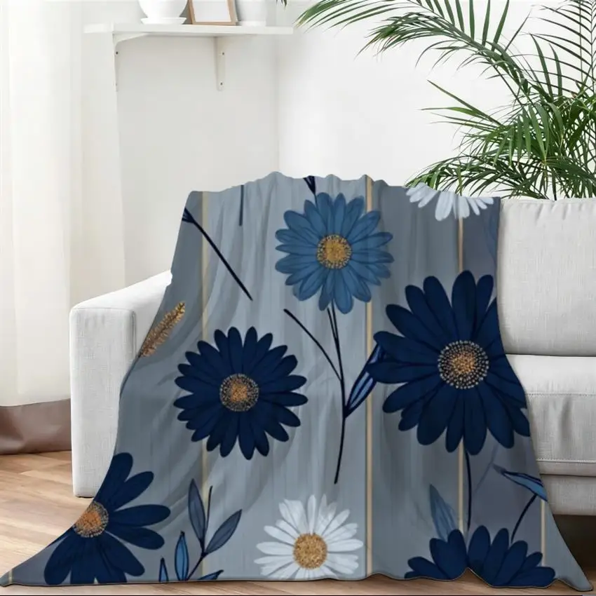 1pc 280GSM Flannel Blanket with Navy and Sky Blue Daisy Floral Print on Rustic Wood Grain Background, Lightweight All-Season Throw for Sofa, Bed, Travel, and Office Perfect as Home Decoration & Holiday Gift Choice.