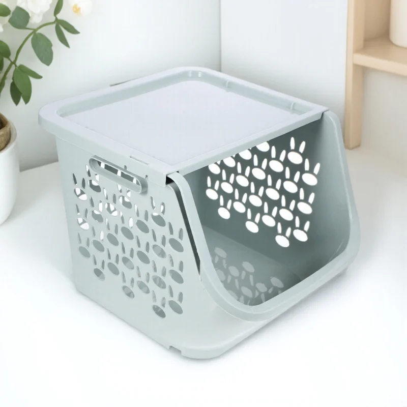 

Stackable Black Kitchen Storage Basket Plastic Reusable Multi-Use Fruit Vegetable Snack Organizer Counter Storage