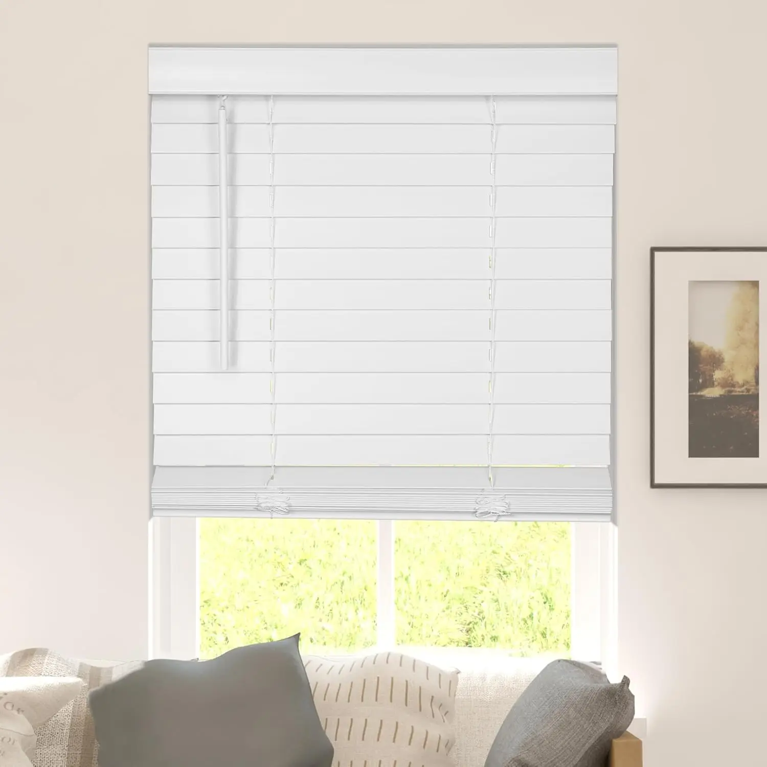 

Cordless Faux Wood Blinds, 2" Slats, Room Darkening for Indoor Windows and Doors, Pure White - Easy Installation & Safe for Kids