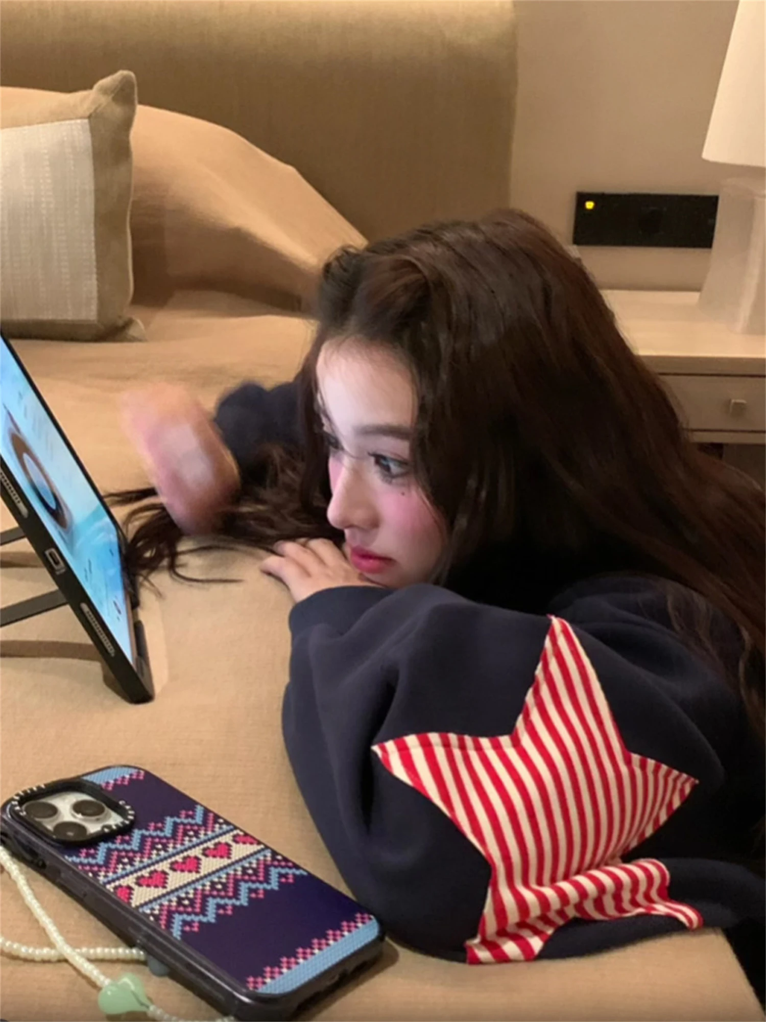 Y2K Aesthetic Navy Blue Crew Neck Sweatshirt Women Red White Striped Star Sleeves Oversized Long Sleeves Casual