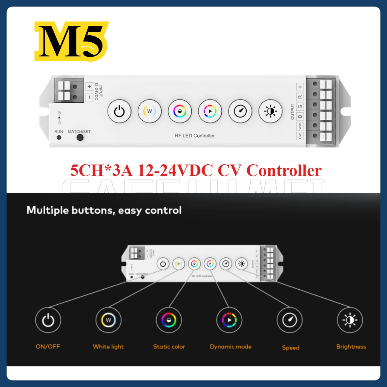 M5 5CH*3A DC12-24V 6 Button CV RF LED Controller 0~·100% Led Dimmer for RGB RGBW RGBCCT LED Strip Light Tape Lamp