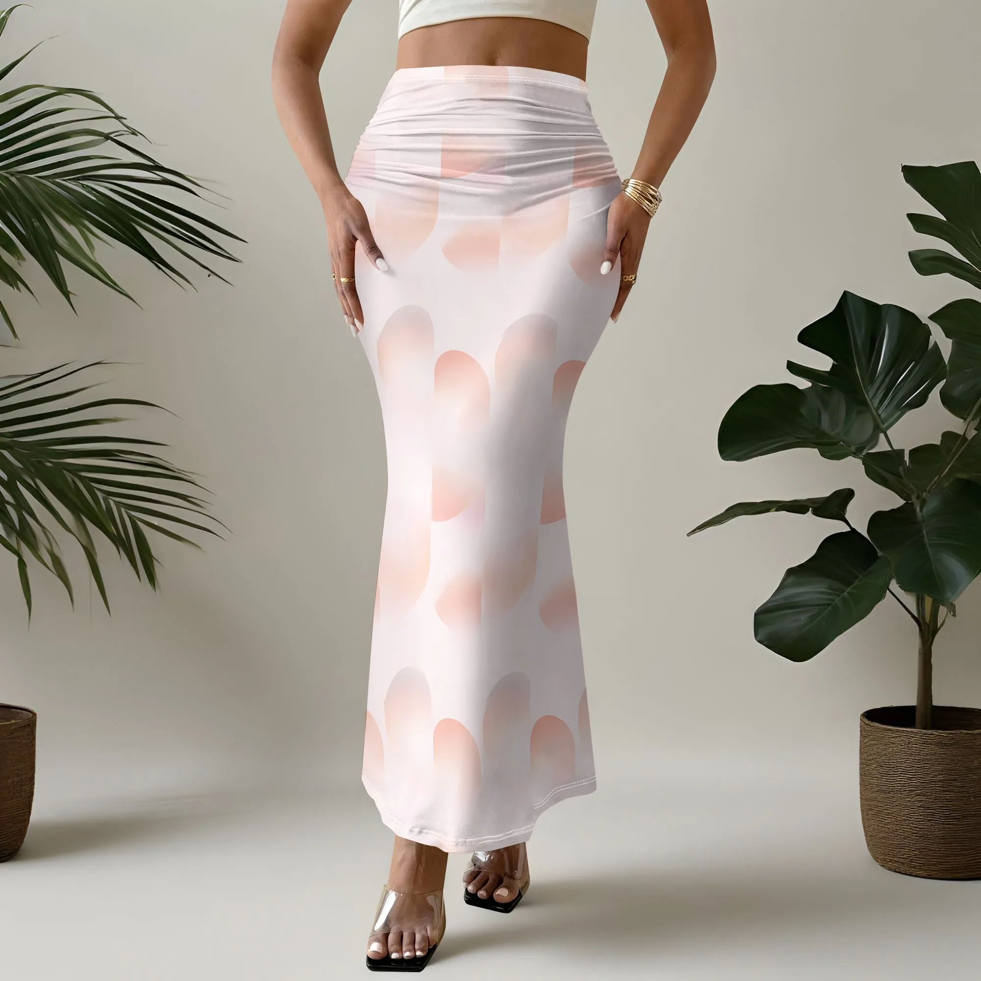 Mermaid Skirt, Printed Midi Skirt, Abstract Oval Pattern, Soft Fabric, Elegant Style, Beach Vacation Wear, Party Outfit, S-3XL