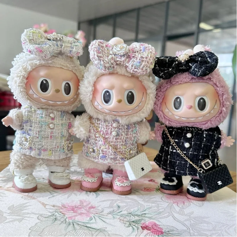 

Одежда Labubu 15/17 см, милая черная стильная юбка, сумка, комплект, милый головной убор с бантом, одежда для куклы, аксессуары, подарок