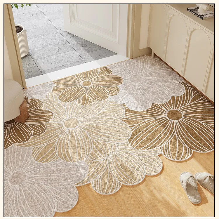 VIKAMA Hand-Painted Floral Entryway Doormat Brown & Beige Natural Color Scheme Stain-Resistant, Easy-Clean, Durable Home Decor