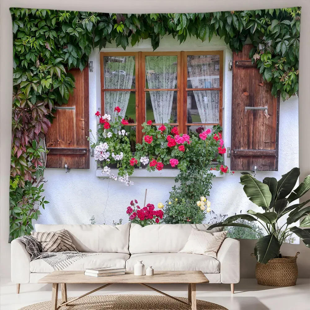 Old Window With Flowers Outdoor Landscape Tapestry Old Door With Flowers In Verona Ltaly Home Patio Wall Hanging Art Decor Mural