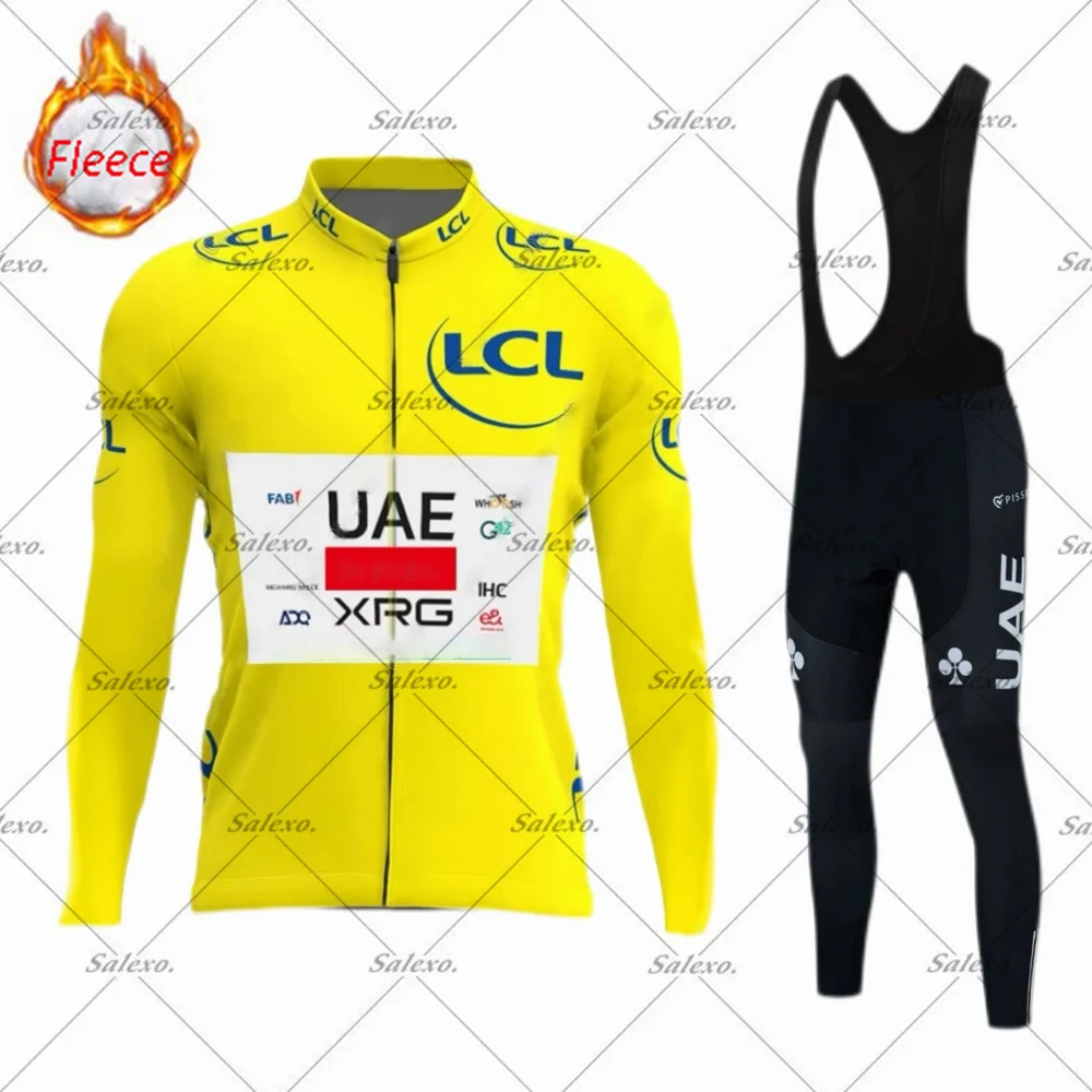 

UAE Tour 2026 Team Желтая велосипедная майка, комплект одежды, зимний флисовый мужской костюм с длинным рукавом, MTB, велосипедные шоссейные брюки, нагрудник, Ropa Ciclismo