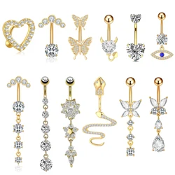 Gold Color Series Belly Button Rings 14g Snake Flower Heart Crystal Belly Ring for Women Stainless Steel Dangled Navel Piercing