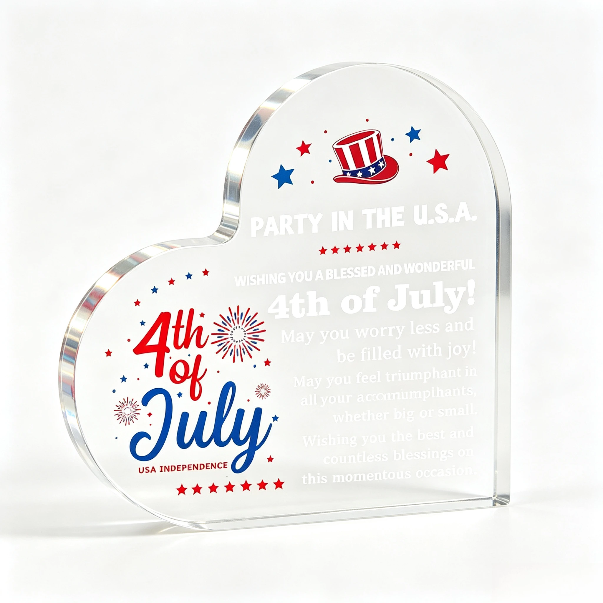 4th of July Heart‑Shaped Acrylic Tabletop Plaque, Uncle Sam Hat Firework USA Independence Day Desk Decor Gift