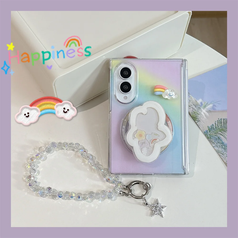 Kawaii Cartoon Cute Rainbow clouds Magnetic Phone Case for Samsung Galaxy Z Fold 8 Ultra Cover For Magsafe Stand Chain Cases